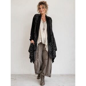 IC Collection Cardigan Large L Black Grey Geometric Burnout Open Front Draped
